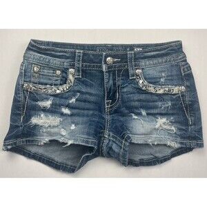 Miss‎ Me Shorts Jean Y2K Distress Rip Acid Wash Low Rise Shortie Embellished 26